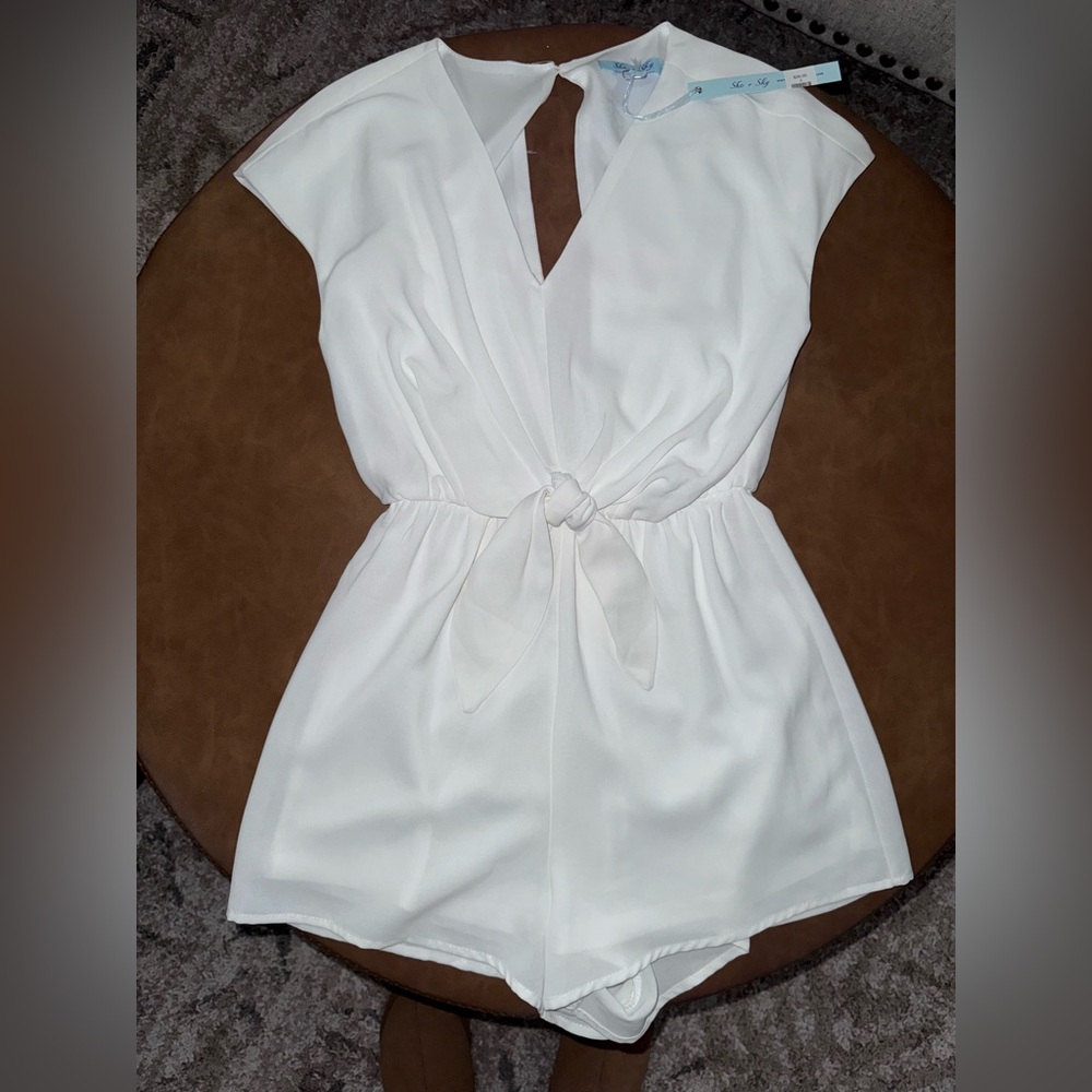 She + Sky White Romper with Tie Detail